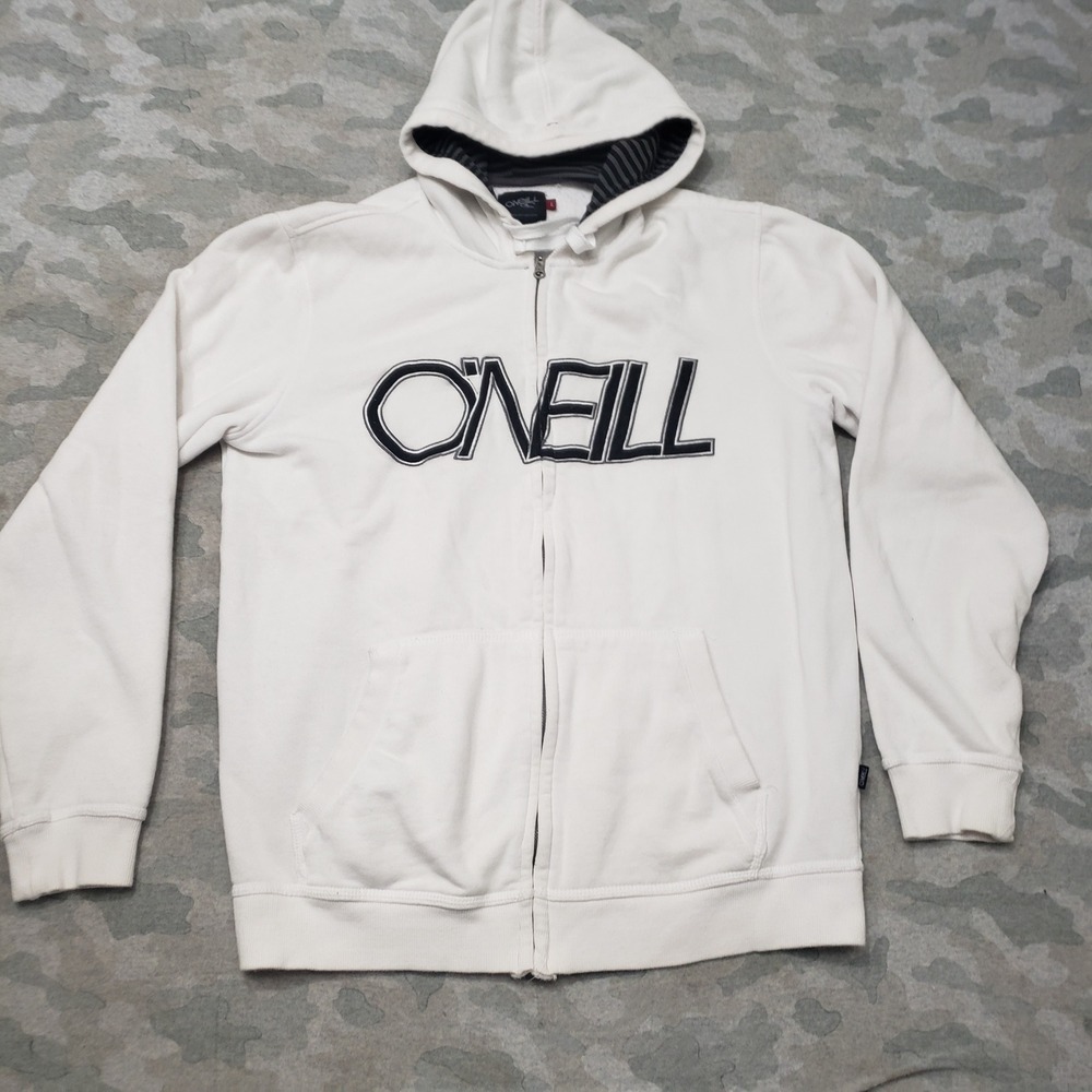 Vintage O'Neill Sweatshirt Mens Large White Y2k Full Zip Hoodie Embroidered